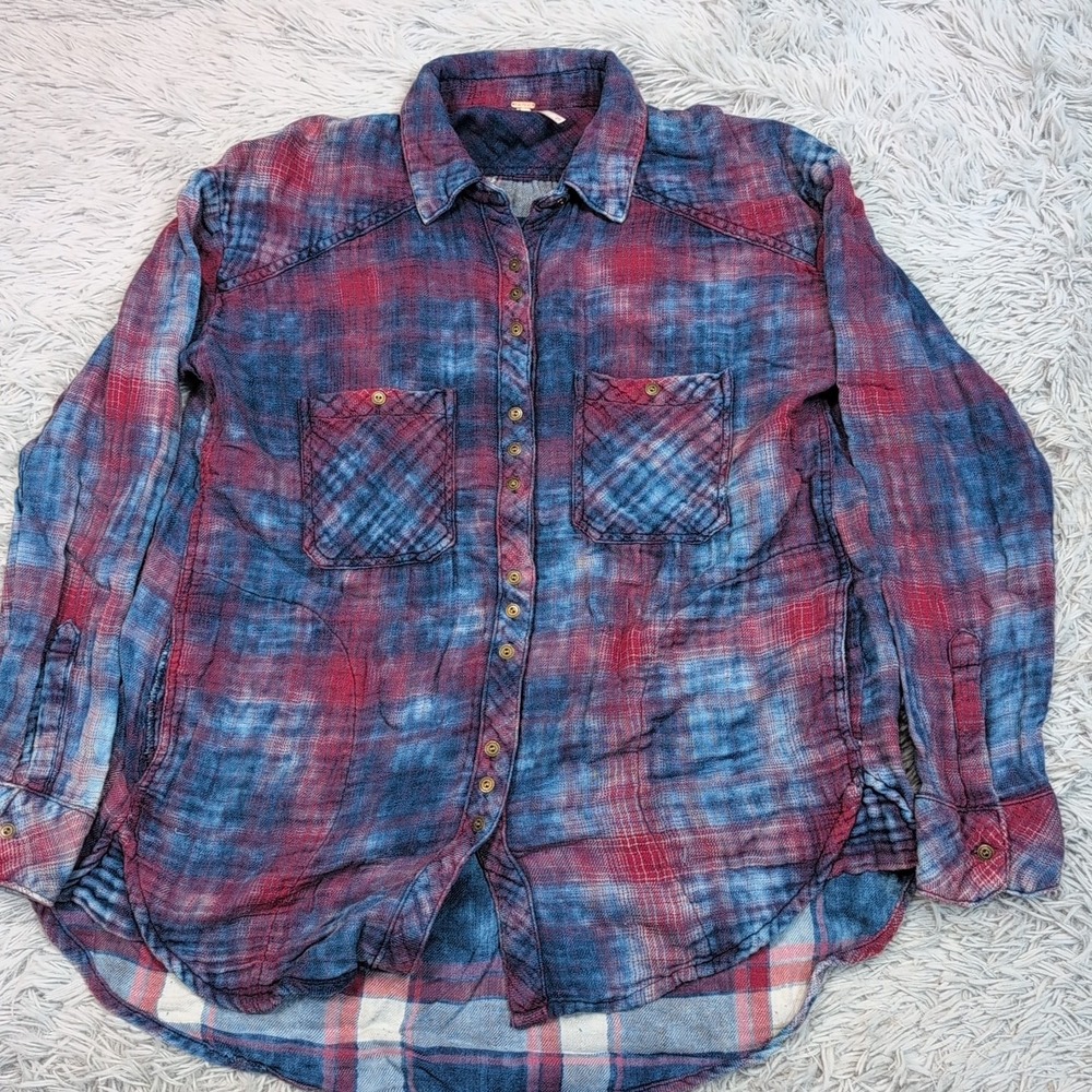 Free People Shirt Womens XS Blue Plaid Flannel Pockets Soft Comfort Button‎ Up